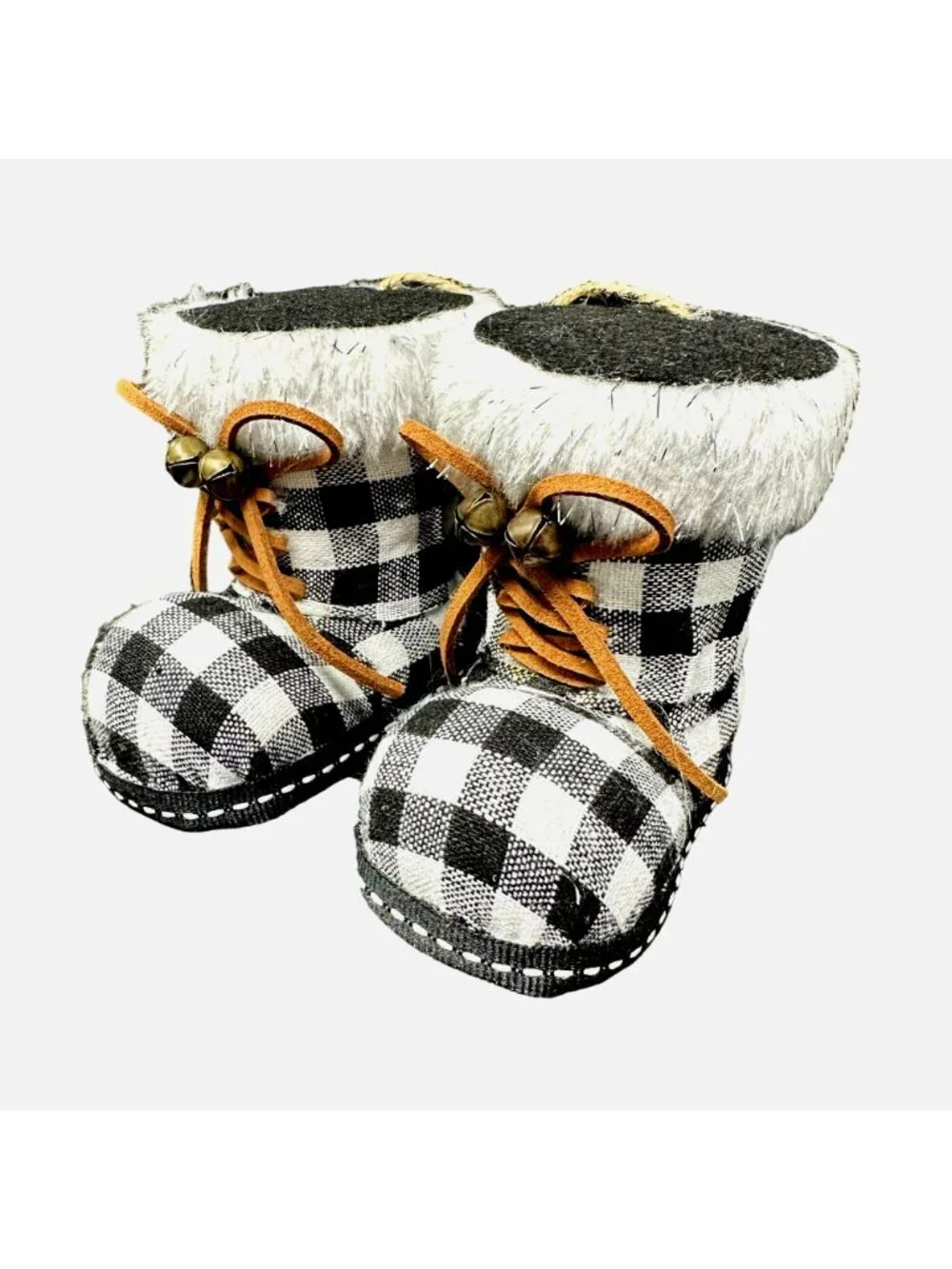 Christmas Holiday Santa Boots Ornament Buffalo Plaid Check Faux Fur Trim Bells
